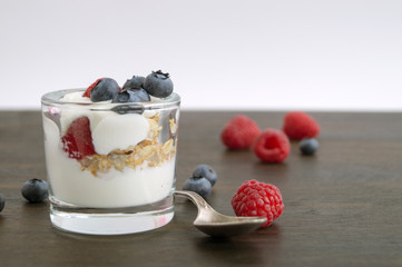 Homemade healthy diet yogurt with raspberries. selective focus