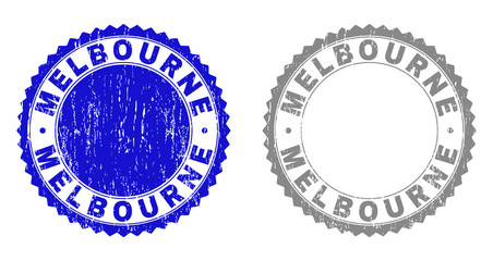 Grunge MELBOURNE stamp seals isolated on a white background. Rosette seals with distress texture in blue and grey colors. Vector rubber stamp imitation of MELBOURNE caption inside round rosette.