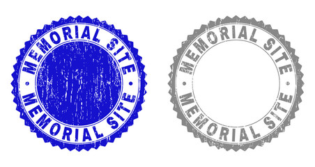 Grunge MEMORIAL SITE stamp seals isolated on a white background. Rosette seals with grunge texture in blue and grey colors. Vector rubber stamp imitation of MEMORIAL SITE tag inside round rosette.