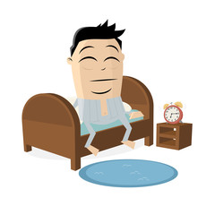 tired cartoon man getting up from the bed