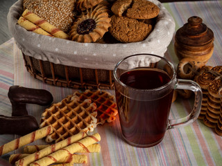 dessert, tea, cookies, waffle tube, black tea, oatmeal cookies, sugar wafers, chocolate biscuit, basket, flax