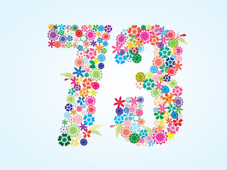 Vector Colorful Floral 73 Number Design isolated on white background. Floral Number Seventy Three Vector Typeface.