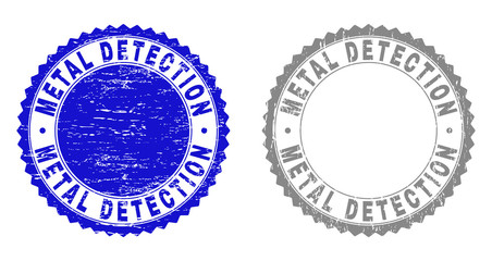 Grunge METAL DETECTION stamp seals isolated on a white background. Rosette seals with grunge texture in blue and gray colors. Vector rubber stamp imprint of METAL DETECTION label inside round rosette.