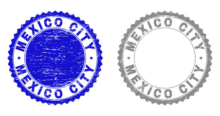Grunge MEXICO CITY stamp seals isolated on a white background. Rosette seals with grunge texture in blue and grey colors. Vector rubber stamp imprint of MEXICO CITY tag inside round rosette.