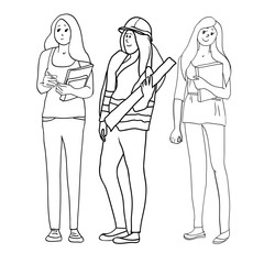 A set of drawings in the vector, illustrations are black and white, linear, female profession, female figure