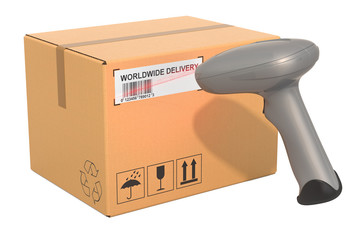 Barcode reader scanning bar code from parcel, 3D rendering