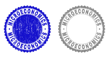 Grunge MICROECONOMICS stamps isolated on a white background. Rosette seals with grunge texture in blue and grey colors. Vector rubber stamp imitation of MICROECONOMICS label inside round rosette.