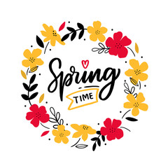 Hand drawn lettering spring time for print, card, banner. Typography hello spring with flowers. - 248500580