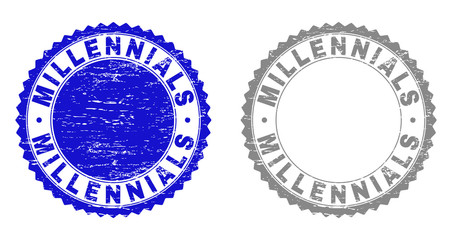 Grunge MILLENNIALS stamp seals isolated on a white background. Rosette seals with grunge texture in blue and gray colors. Vector rubber overlay of MILLENNIALS tag inside round rosette.