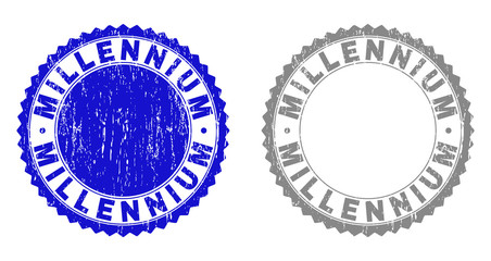 Grunge MILLENNIUM stamp seals isolated on a white background. Rosette seals with grunge texture in blue and grey colors. Vector rubber stamp imitation of MILLENNIUM title inside round rosette.