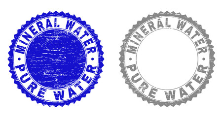 Grunge MINERAL WATER PURE WATER stamp seals isolated on a white background. Rosette seals with grunge texture in blue and gray colors.