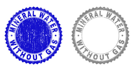 Grunge MINERAL WATER WITHOUT GAS stamp seals isolated on a white background. Rosette seals with grunge texture in blue and grey colors.