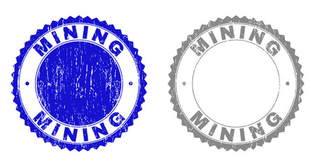 Grunge MINING stamp seals isolated on a white background. Rosette seals with grunge texture in blue and grey colors. Vector rubber stamp imitation of MINING caption inside round rosette.