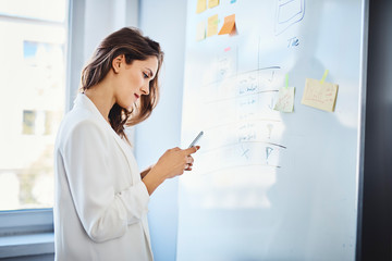 Creative worker using phone standing near whiteboard with ideas in office