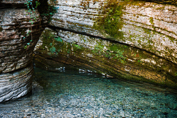 Canyon. Riverbed. Blue water. River Khashupse. Abkhazia. Georgia.