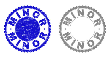 Grunge MINOR stamp seals isolated on a white background. Rosette seals with grunge texture in blue and grey colors. Vector rubber stamp imprint of MINOR caption inside round rosette.