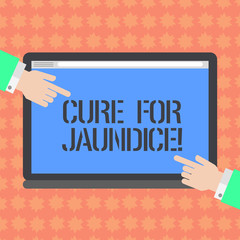 Writing note showing Cure For Jaundice. Business photo showcasing often disappears on its own within two or three weeks Hu analysis Hands Pointing on a Blank Color Tablet Screen