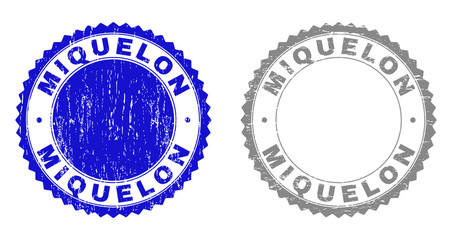Grunge MIQUELON stamp seals isolated on a white background. Rosette seals with grunge texture in blue and gray colors. Vector rubber stamp imprint of MIQUELON tag inside round rosette.