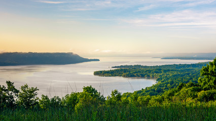 Scenic view at sunrise of the Mississippi River & Lake Pepin from Frontenac State Park in Minnesota - obrazy, fototapety, plakaty