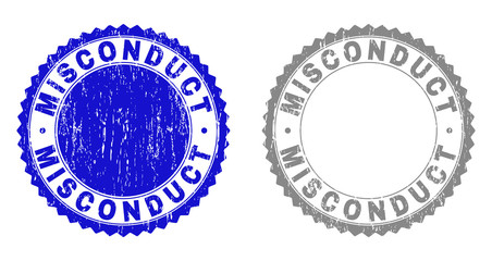 Grunge MISCONDUCT stamp seals isolated on a white background. Rosette seals with grunge texture in blue and gray colors. Vector rubber stamp imitation of MISCONDUCT tag inside round rosette.