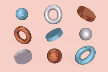 Flying geometric shapes in motion - spheres, torus, cylinders in brown and blue metallic gold colors on pastel pink color background, abstract realistic composition in minimalism style, 3D rendering