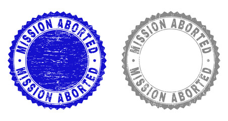 Grunge MISSION ABORTED stamp seals isolated on a white background. Rosette seals with distress texture in blue and grey colors. Vector rubber overlay of MISSION ABORTED label inside round rosette.