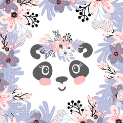 Fototapeta na wymiar Cute little panda head with flower crown. Vector hand drawn illustration for card and shirt design.