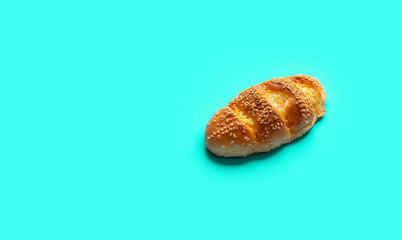 Top view of bread and bakery on blue color background.Food and healthy concepts images.