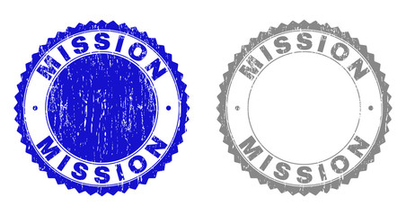 Grunge MISSION stamp seals isolated on a white background. Rosette seals with grunge texture in blue and gray colors. Vector rubber stamp imprint of MISSION text inside round rosette.