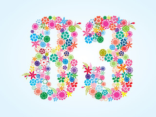 Vector Colorful Floral 83 Number Design isolated on white background. Floral Number Eighty Three Vector Typeface.