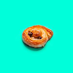 Top view of bread and bakery on blue color background.Food and healthy concepts images.