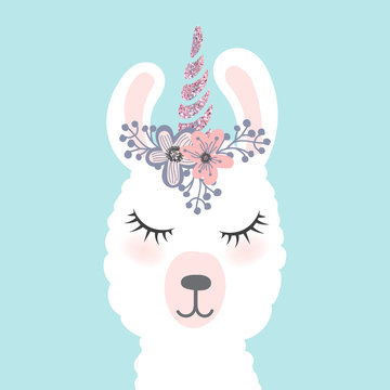 Cute  little white lama head with flower crown. Vector hand drawn illustration for card and shirt design, fabric textile.