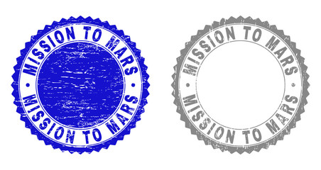 Grunge MISSION TO MARS stamp seals isolated on a white background. Rosette seals with distress texture in blue and grey colors.