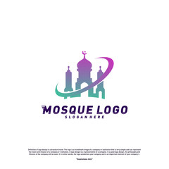 Mosque logo design concept Vector Template.Planet Religion Islamic logo template vector. Icon symbol