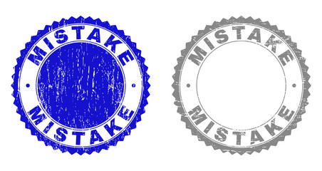 Grunge MISTAKE stamp seals isolated on a white background. Rosette seals with grunge texture in blue and grey colors. Vector rubber stamp imprint of MISTAKE caption inside round rosette.