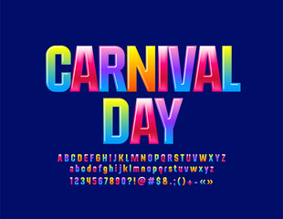 Fototapeta premium Vector glossy colorful logotype Carnival Day. Sweet Alphabet Letters, Numbers and Symbols for Children. Cute bright Font.