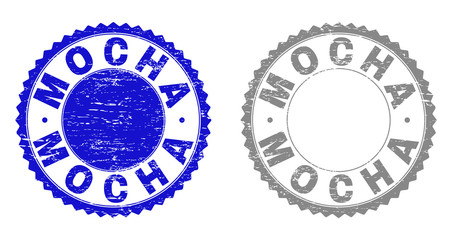 Grunge MOCHA stamp seals isolated on a white background. Rosette seals with grunge texture in blue and grey colors. Vector rubber stamp imprint of MOCHA tag inside round rosette.