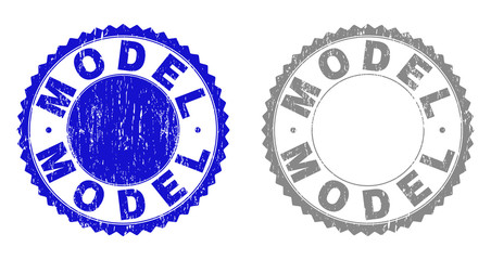 Grunge MODEL stamp seals isolated on a white background. Rosette seals with grunge texture in blue and grey colors. Vector rubber watermark of MODEL caption inside round rosette.