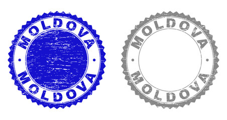 Grunge MOLDOVA stamp seals isolated on a white background. Rosette seals with grunge texture in blue and grey colors. Vector rubber stamp imprint of MOLDOVA tag inside round rosette.
