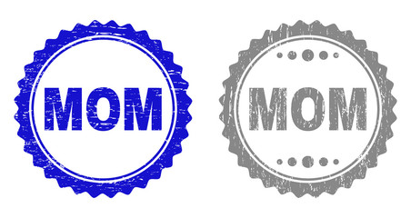 Grunge MOM stamp seals isolated on a white background. Rosette seals with distress texture in blue and gray colors. Vector rubber stamp imprint of MOM label inside round rosette.