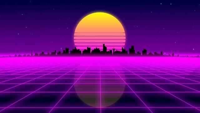 Retro 1980s synthwave glowing neon lights plane with sun and city skyline animation - seamless loopable