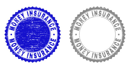 Fototapeta na wymiar Grunge MONEY INSURANCE stamp seals isolated on a white background. Rosette seals with grunge texture in blue and grey colors.
