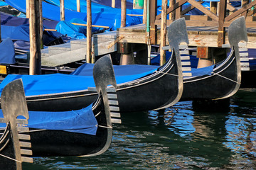 Close-up of moored gondolas at Piazza San Marco in Venice, Italy © donyanedomam