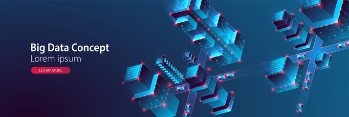 Smart city. Isometric big data concept, database.  Abstract technology background. Vector illustration