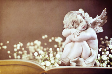 Cherub and white flowers on vintage book