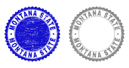 Grunge MONTANA STATE stamp seals isolated on a white background. Rosette seals with distress texture in blue and gray colors.