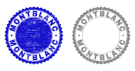 Grunge MONTBLANC stamp seals isolated on a white background. Rosette seals with grunge texture in blue and grey colors. Vector rubber stamp imitation of MONTBLANC tag inside round rosette.