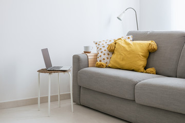 Freelancer, blogger workspace, Scandinavian style hygge style cozy living room