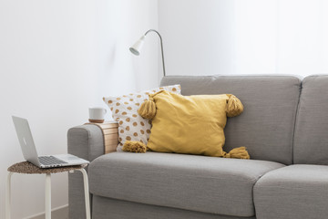 Freelancer, blogger workspace, Scandinavian style hygge style cozy living room