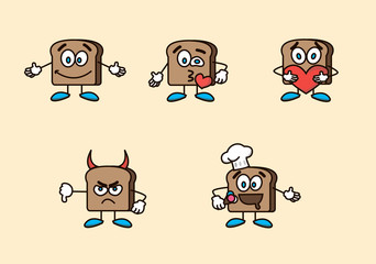 Cute characters in the form of bread pieces express five emotions. Excellent for bakery print production.